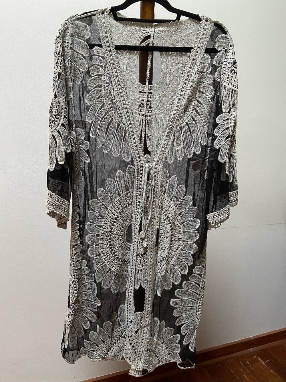 Sheer Floral Print Mesh Kimono Black Embroidered Duster Swim coverup